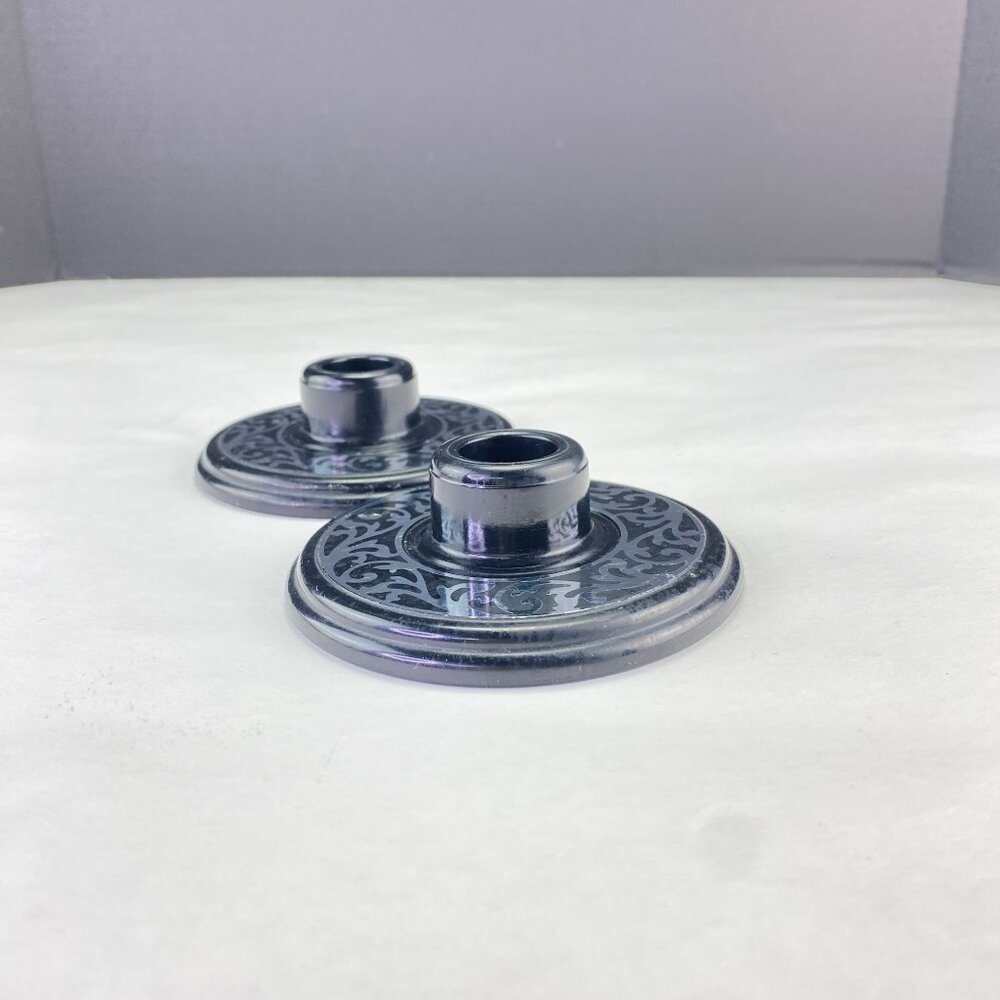 Vintage Compo-Site Black Silver Tone Scroll Design Taper Candle Holders
